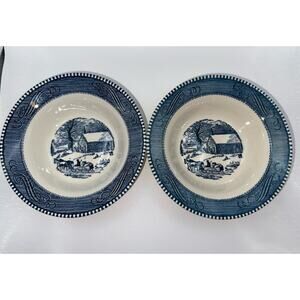 Currier and Ives Fruit Dessert Bowl Blue Old Farm Gate ROYAL USA 5.5in wide